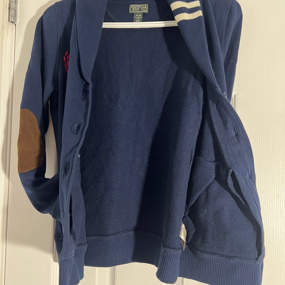 Roots Navy Blue Cardigan with Elbow Patches - Picture 2 of 5